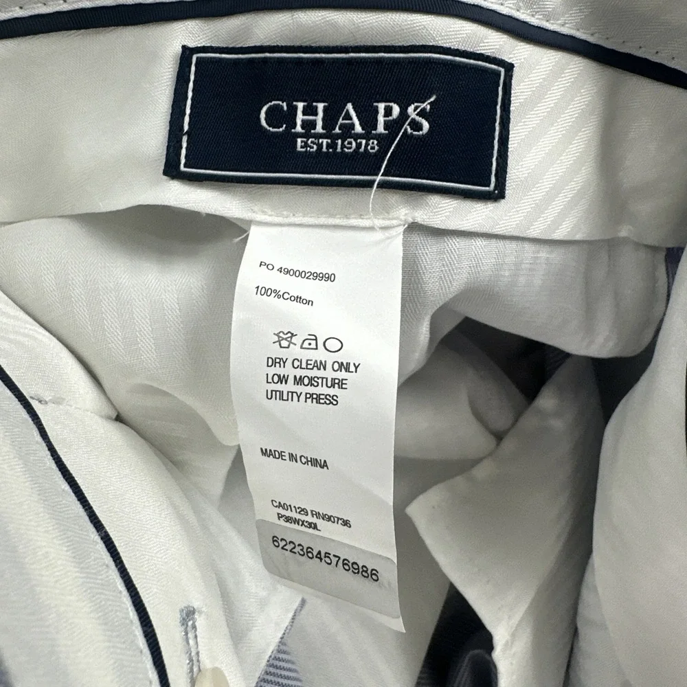 NWT Chaps Dress‎ Pants Men 38x30 Blue White 100% Cotton Pinstripe Double Pleated